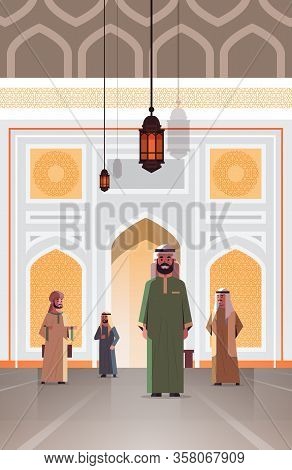 Arab People Coming To Nabawi Mosque Building Muslim Religion Concept Arabic Men In Traditional Cloth