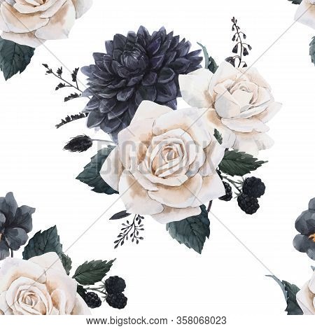 Beautiful Vector Seamless Floral Pattern With Watercolor Blue Flowers And White Roses. Stock Illustr