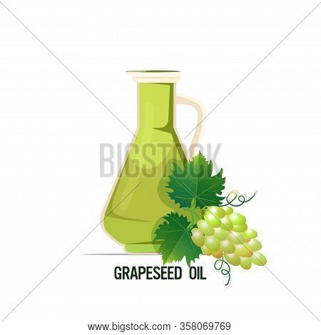 Fresh Grapeseed Oil Glass Bottle With Ripe Grape Fruit And Leaves Isolated On White Background Vecto