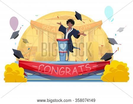 Cartoon Happy Smiling Afro-american Student Giving Graduation Speech. Guy In Gown Standing On Stage 
