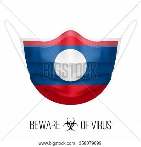 Medical Mask With National Flag Of Laos As Icon On White. Protective Mask Virus And Flu. Surgery Con