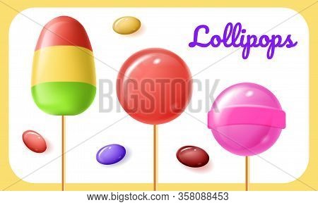 Multi-colored Fruits Lollipops On White Background. Childhood Sweets. Natural Fruits Candy. Vector I