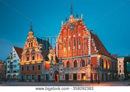 Riga, Latvia - July 1, 2016: Schwabe House And House Of The Blackheads At Town Hall Square, Ancient 
