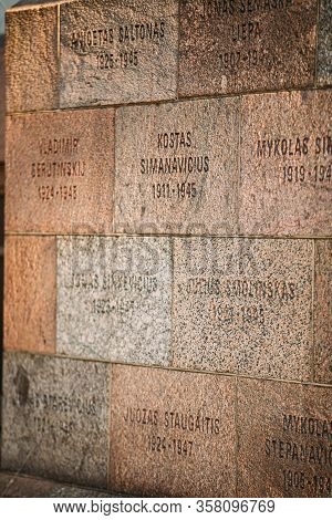 Vilnius, Lithuania - July 7, 2016: Inscriptions Of Names On Wall Of Museum Of Genocide Victims Locat
