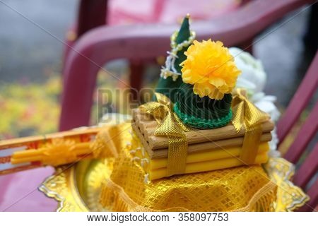 Flower Decorated On Tray With Pedestal To Be Used In The Ceremony To Get Ordained As A Buddhist Monk