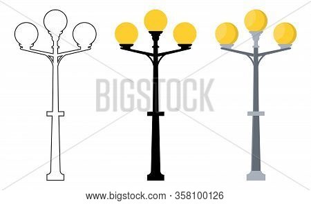 Outline, Black Silhouette, Cartoon Streen Lights Set Isolated On White Background. Vintage Street Li