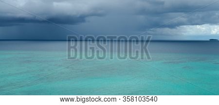 Tropical Angry Dark Blue Rain Storm Is Approaching Quickly Over Indian Ocean Near Banyak Islands, Su