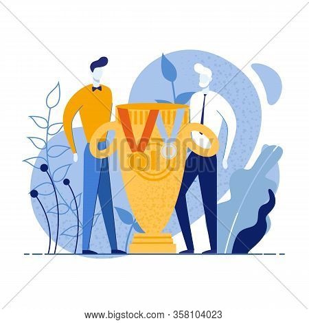 Male Characters Standing Near Rewards For Winners Cartoon. Huge Gold Trophy Cup, Medals For First An