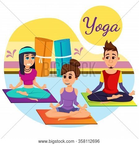 Advertising Banner Inscription Yoga Cartoon Flat. Girls And Guy Are Engaged In Yoga Class. Relaxing 