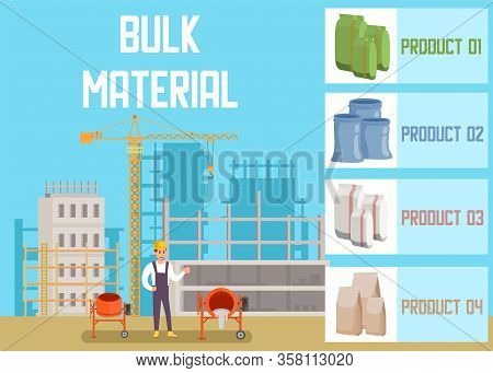 Bulk Building Materials Online Shop Advertising Banner Flat Illustration Male Builder Standing Betwe