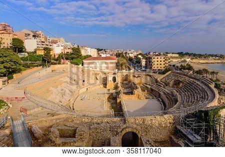 Tarragona, Spain - January 2, 2020: Sightseeing Of Tarragona. Amphitheater In Tarragona, Roman Ruins