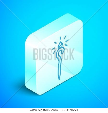Isometric Line Magic Staff Icon Isolated On Blue Background. Magic Wand, Scepter, Stick, Rod. Silver