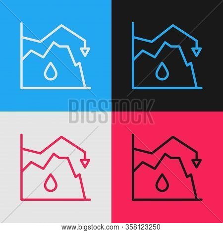 Pop Art Line Drop In Crude Oil Price Icon Isolated On Color Background. Oil Industry Crisis Concept.