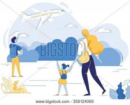 Mother Travelling With Little Daughter And Son Characters By Airplane. Happy Young Woman Stand With 