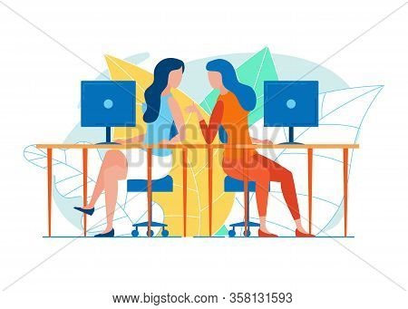Two Women, Office Colleagues, Taking Advantage Of Small Break, Sitting On Swivel Chairs At Neighbori