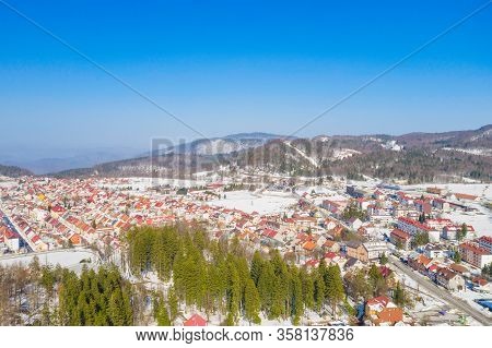 Croatia, Town Of Delnice In Gorski Kotar, Panoramic View Of Town Center From Drone In Winter, Mounta