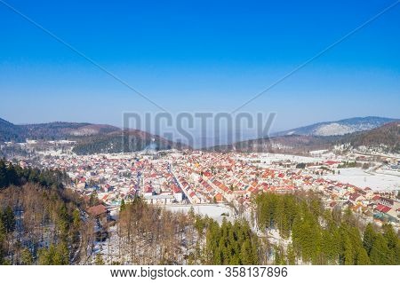 Croatia, Drone Aerial View Of The Town Of Delnice In Gorski Kotar In Winter, Mountain Landscape In B