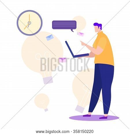 Idea Generation. Creating Business Ideas. Vector Illustration. New Technologies. Work At Laptop. Tur