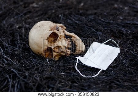 A Human Skull On A Black Background Of Burnt Grass With Red Capsules Of Medical Drugs. A Symbol Of H