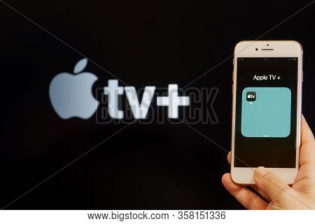 Thessaloniki, Greece - March 21 2020: Apple Streaming Service Vod Content Provider Concept. Hand Hol
