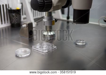 The Equipment In The Laboratory Of The Clinic Of In Vitro Fertilization Ivf. Microscope, Tubes, Nitr
