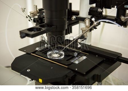 The Equipment In The Laboratory Of The Clinic Of In Vitro Fertilization Ivf. Microscope, Tubes, Nitr