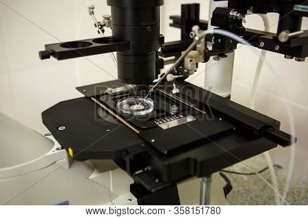 The Equipment In The Laboratory Of The Clinic Of In Vitro Fertilization Ivf. Microscope, Tubes, Nitr