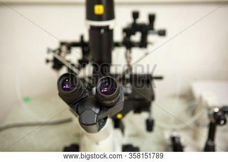 The Equipment In The Laboratory Of The Clinic Of In Vitro Fertilization Ivf. Microscope, Tubes, Nitr