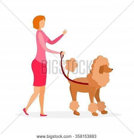 Woman With Poodle On Leash Vector Illustration. Fashionable Lady In Casual Clothes Cartoon Character