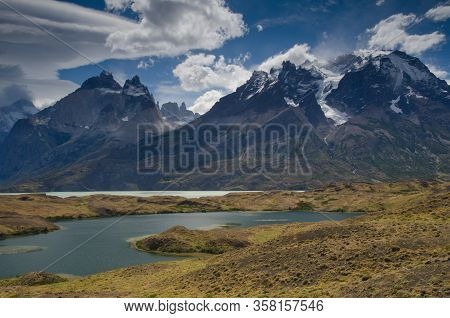 Nordenskjold Lake And Cordillera Paine With The Paine Horns In The Foreground And The Towers Of Pain