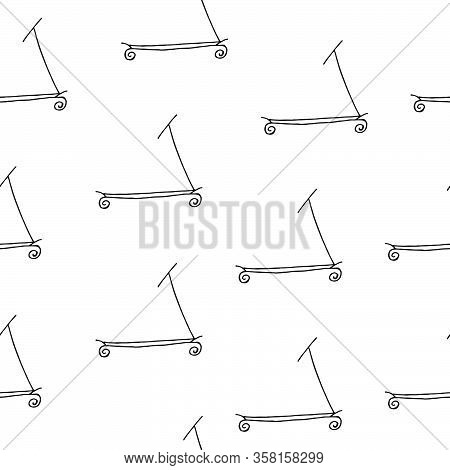Seamless Pattern Scooter Background, Simple Design. Doodle Scooter. Vector Hand Drawn Illustration