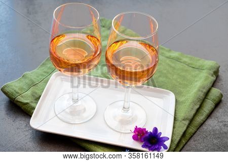 French Rose Wine From Provence In Two Glasses In Sunny Day