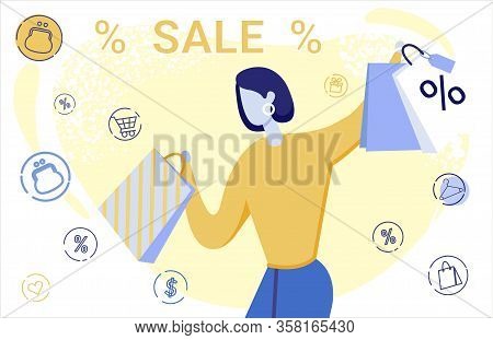 Clothing Discounts Flat Vector Banner Template. Elegant Lady With Shopping Bags Cartoon Character. T