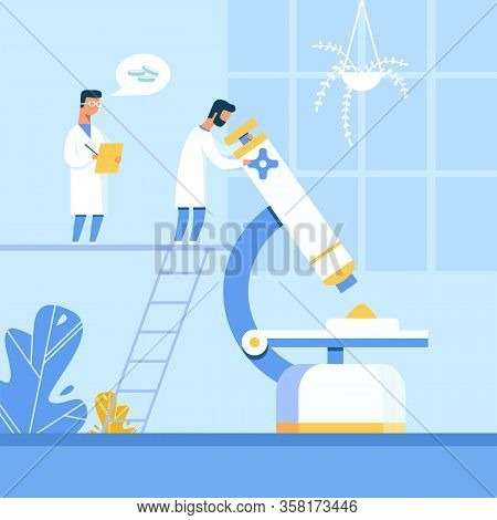 Two Cartoon Men Scientists Working On Creation New Pills. Bearded Man Researcher Examining Chemical 