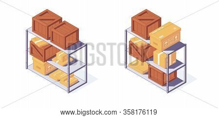 Isometric Warehouse Wooden And Carton Boxes Pallets And Shelf. 3d Box Pallets Shelving Racking Vecto