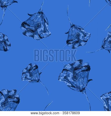 Floral Seamless Pattern Made Of Roses On Blue. Acrilic Painting With Flower Buds. Botanical Illustra