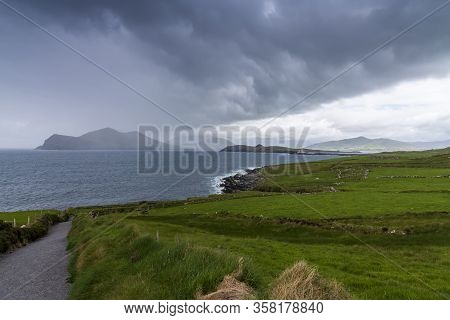 Beautiful Aerial View Of Valentia Island. Scenic Irish Countyside On A Dull Spring Day, County Kerry