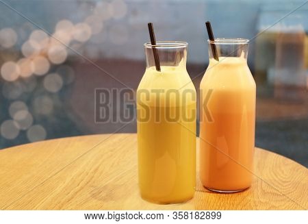 Smoothie With A Metal Tube, Coffee Raff With Cherry And Mint