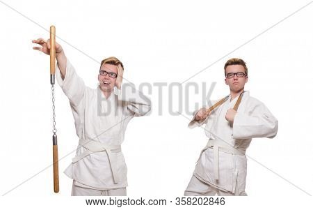 Funny karate fighter with nunchucks on white