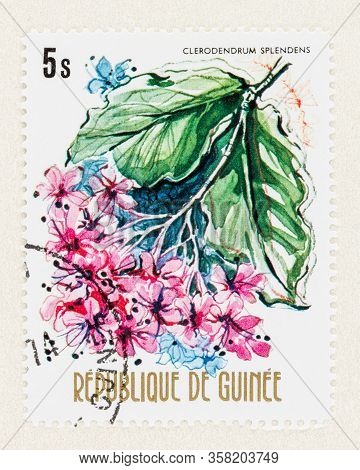 Seattle Washington - March 27, 2020: Close Up Of Used Republic Of Guinee Postage Stamp Featuring Cle