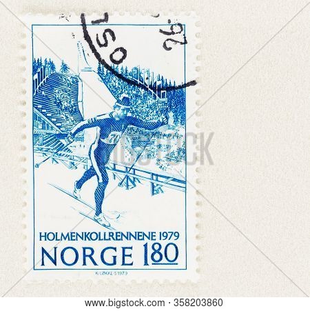 Seattle Washington - March 27, 2020: Close Up Of Used Norway Postage Stamp, Commemorating The Winter