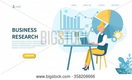 Illustrated Business Research Concept With Woman On Laptop And Various Graphs.