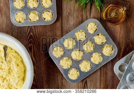 Making Cheese Bread Called Chipa. Raw Dough In Baking Pan. Cuisine Of Brazil.