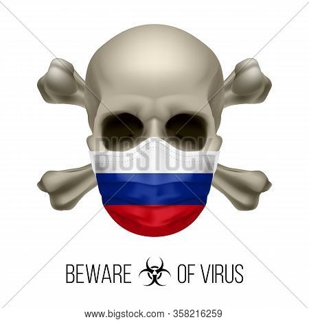 Human Skull And Surgical Mask In The Color Of National Flag Russian Federation. Mask In Form Of The 