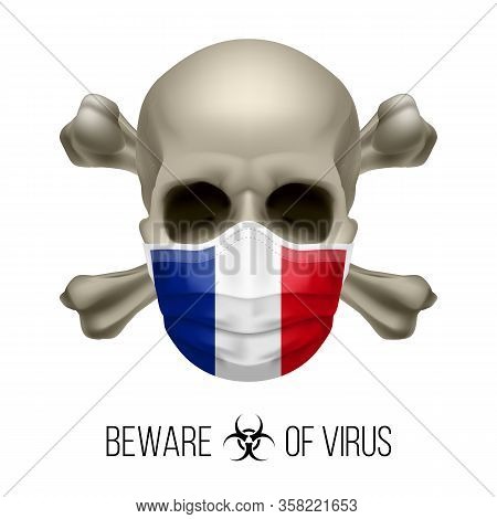 Human Skull With Crossbones And Surgical Mask In The Color Of National Flag France. Mask In Form Of 