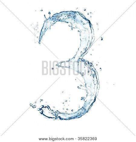 Water splashes number "3" isolated on white background