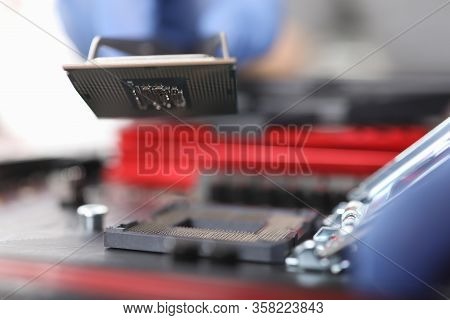 Close-up Details Chip On An Electronic Device. Microprocessor Electronic Units. Protection Electrica