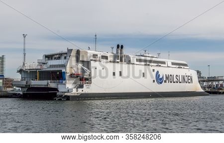 Aarhus, Denmark - 24 March 2020:  The High-speed Ferry Express 3 Of The Shipping Company Molslinjen 
