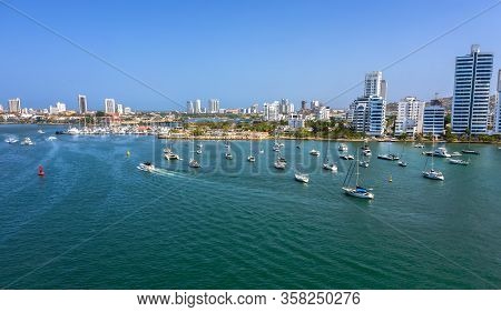 Beautiful View Of The Bay With Yachts And Modern Buildings In Cartagena, Colombia