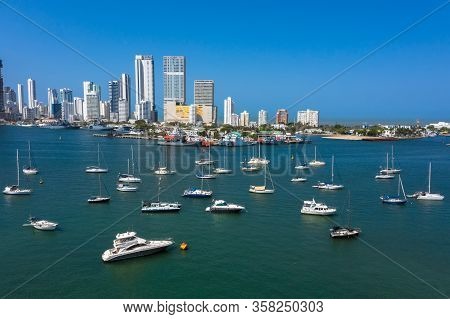 Beautiful Yachts Drift In The Bay. Panorama The Bocagrande District In Cartagena